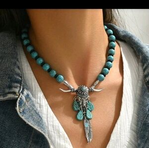 Cow Skull Dangle Feathers Necklace Silver Turquoise/Black Beads Western Cowgirl